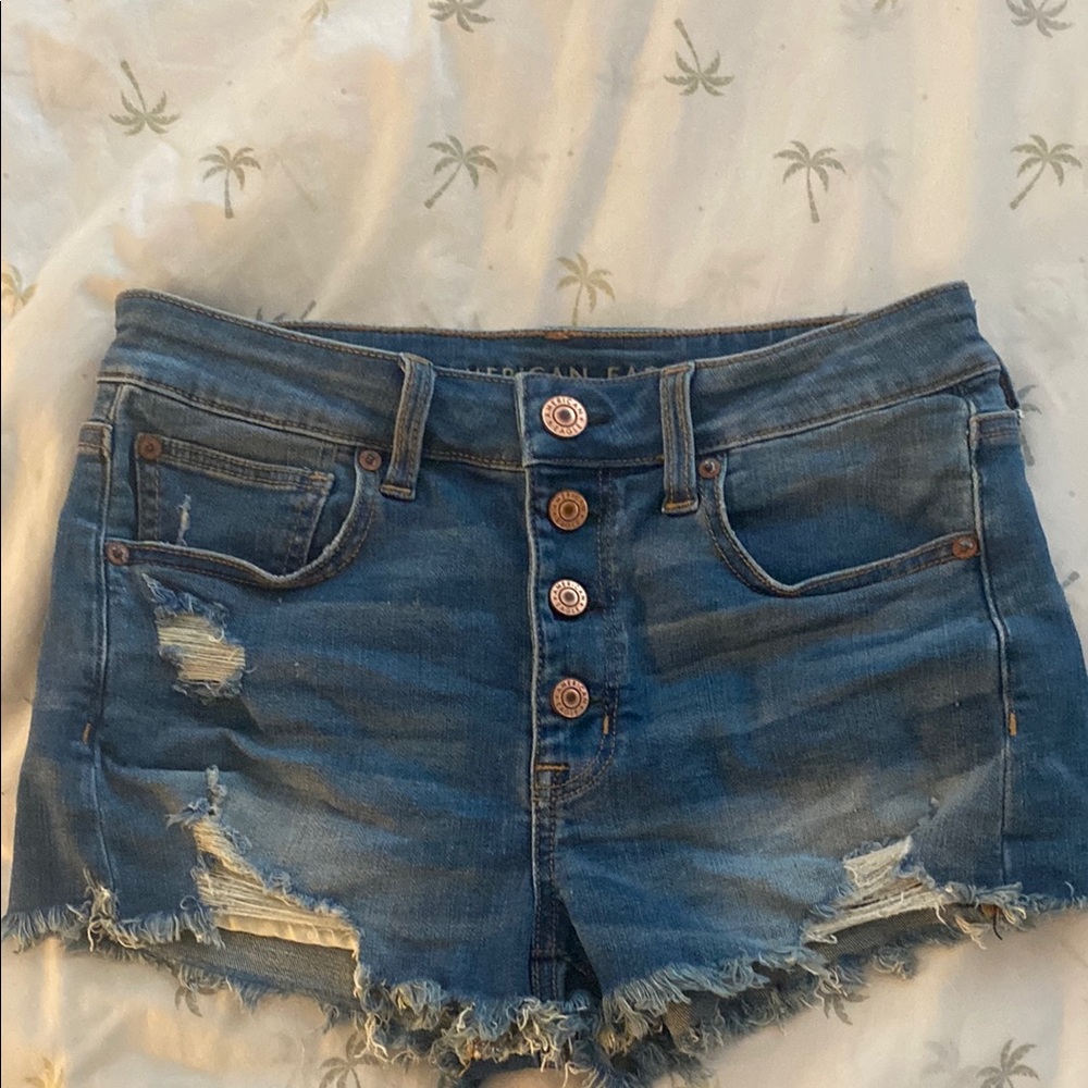 Denim Blue Women's Distressed Shorts AE Hi-Rise 6 Buttons on Front